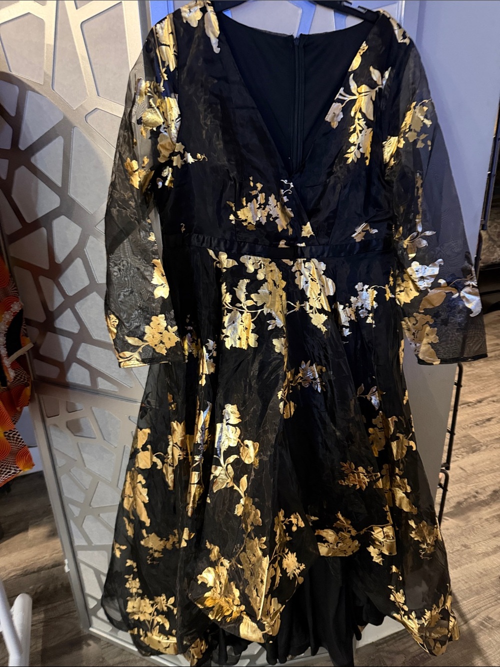 Source Unknown Black Dress with Gold Floral Overlay